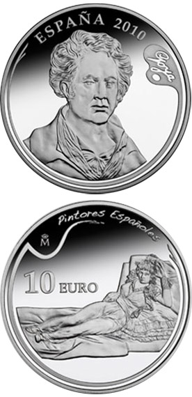 Image of 10 euro coin - 3rd Series Spanish Painters – Goya - The Clothed Maja | Spain 2010.  The Silver coin is of Proof quality.