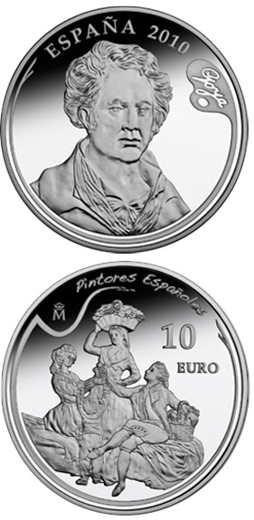 Image of 10 euro coin - 3rd Series Spanish Painters – Goya - The Grape Harvest or Autumn | Spain 2010.  The Silver coin is of Proof quality.