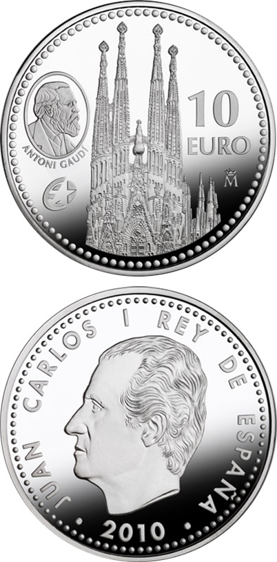 Image of 10 euro coin - Europa Program - Antoni Gaudí | Spain 2010.  The Silver coin is of Proof quality.
