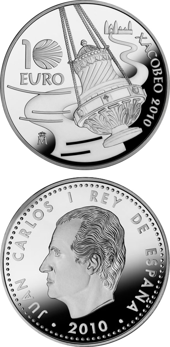 Image of 10 euro coin - Holy Year Xacobeo 2010 | Spain 2010.  The Silver coin is of Proof quality.