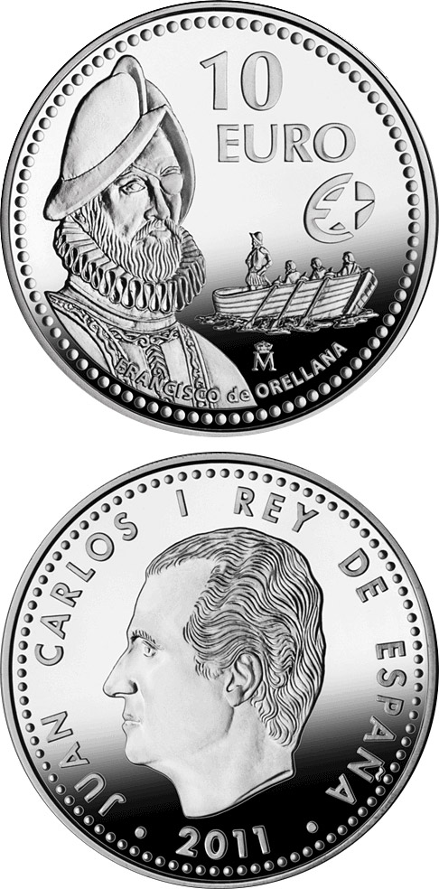 Image of 10 euro coin - Europa Program - Francisco de Orellana | Spain 2011.  The Silver coin is of Proof quality.