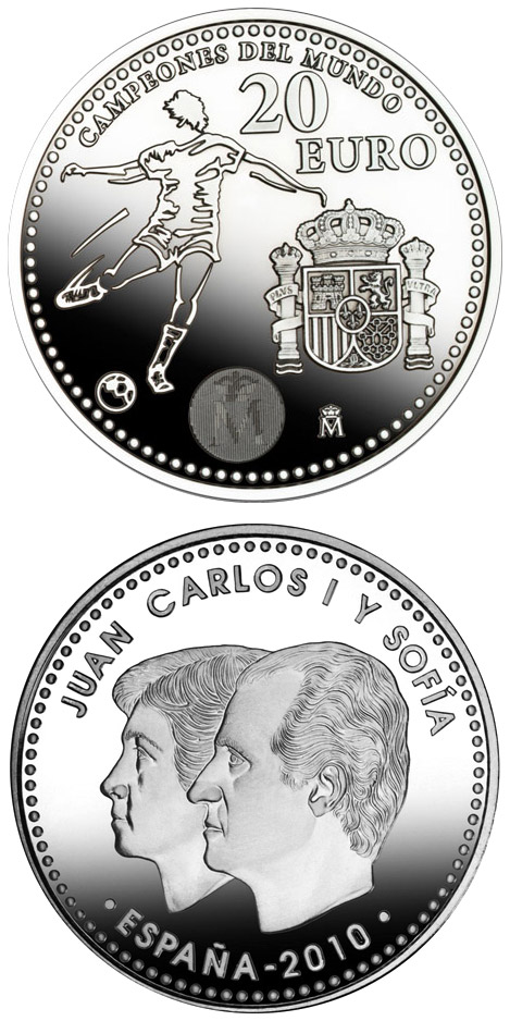 Image of 20 euro coin - 20 Euros - Champions 2010 | Spain 2010.  The Silver coin is of BU, UNC quality.