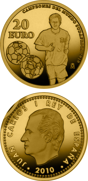Image of 20 euro coin - World Champions in South Africa 2010 | Spain 2010.  The Gold coin is of Proof quality.