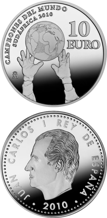 Image of 10 euro coin - World Champions in South Africa 2010 | Spain 2010.  The Silver coin is of Proof quality.