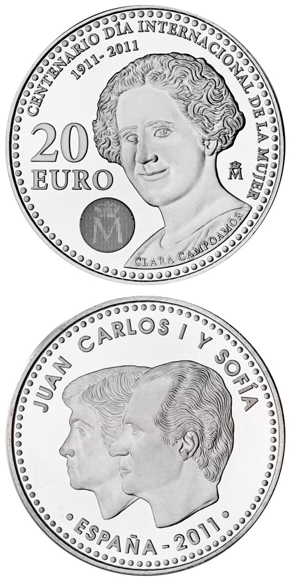Image of 20 euro coin - Centennial of International Women's day 1911-2011 | Spain 2011.  The Silver coin is of BU, UNC quality.