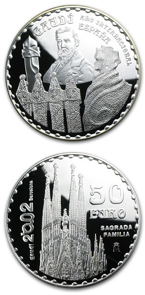 Image of 50 euro coin - International Gaudí Year 2002 | Spain 2002.  The Silver coin is of Proof quality.