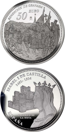 Image of 50 euro coin - 5th Centenary of Isabella I of Castile | Spain 2004.  The Silver coin is of Proof quality.