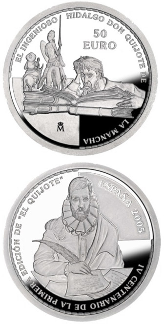 Image of 50 euro coin - 4th Centenary of the publication of Don Quixote | Spain 2005.  The Silver coin is of Proof quality.