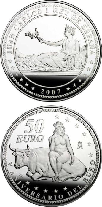 Image of 50 euro coin - Christopher Columbus 5th Centenary | Spain 2006.  The Silver coin is of Proof quality.
