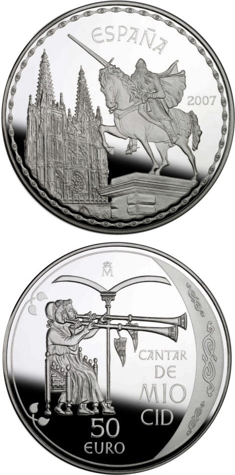 Image of 50 euro coin - The Song of My Cid | Spain 2007.  The Silver coin is of Proof quality.