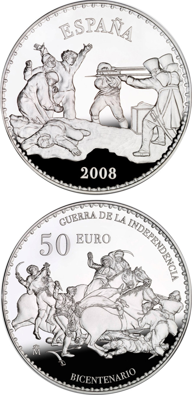 Image of 50 euro coin - Bicentenary War of Independence | Spain 2008.  The Silver coin is of Proof quality.