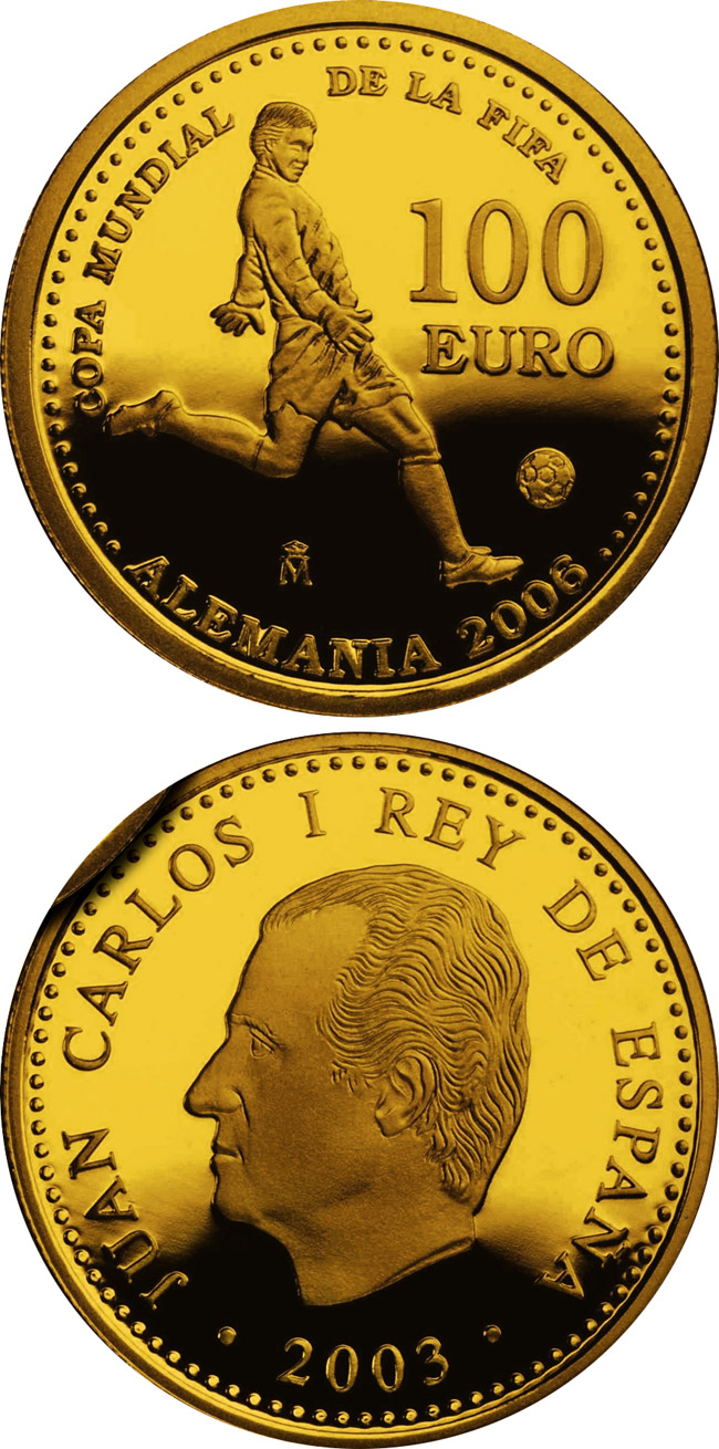 Image of 100 euro coin - FIFA World Cup Germany 2006 - Issue 2003 | Spain 2003.  The Gold coin is of Proof quality.