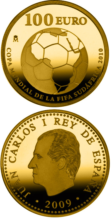 Image of 100 euro coin - FIFA World Cup South Africa 2010 | Spain 2009.  The Gold coin is of Proof quality.