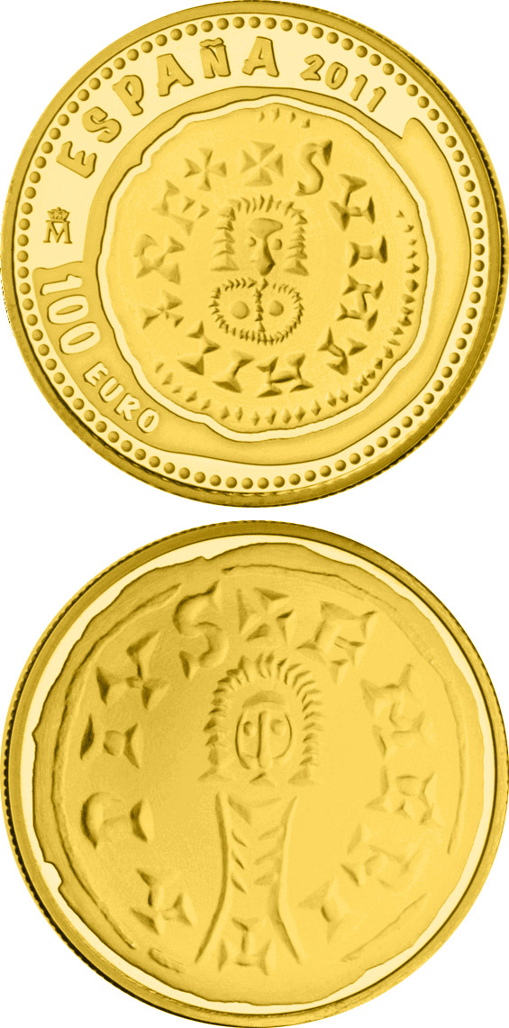 Image of 100 euro coin - 3rd Series Numismatic Treasures – 2 Escudos - Swinthila Visigothic Tremissis | Spain 2011.  The Gold coin is of Proof quality.