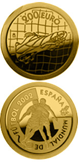 Image of 200 euro coin - World Football Cup 2002 | Spain 2002.  The Gold coin is of Proof quality.