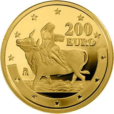Image of 200 euro coin - First anniversary of the euro | Spain 2003.  The Gold coin is of Proof quality.