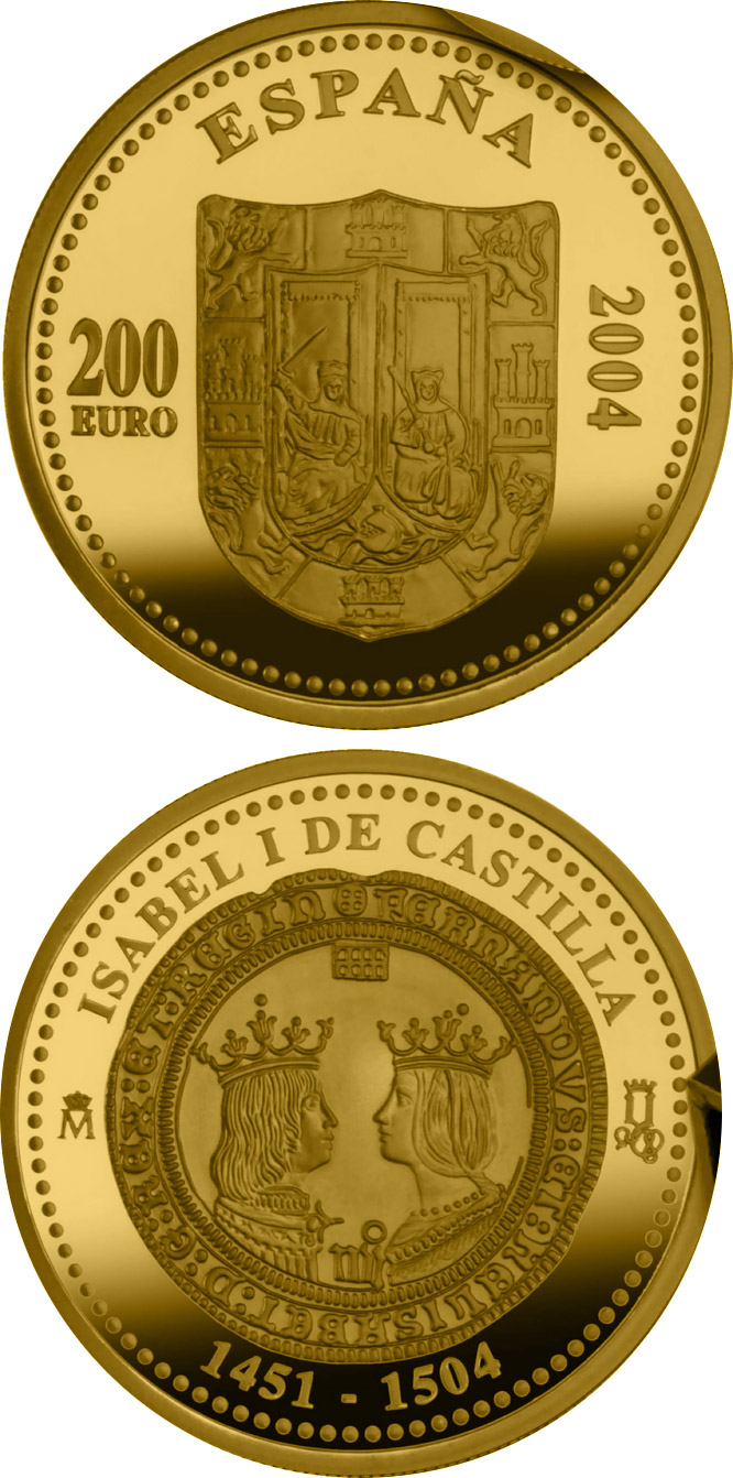 Image of 200 euro coin - 5th Centenary of Isabella I of Castile | Spain 2004.  The Gold coin is of Proof quality.
