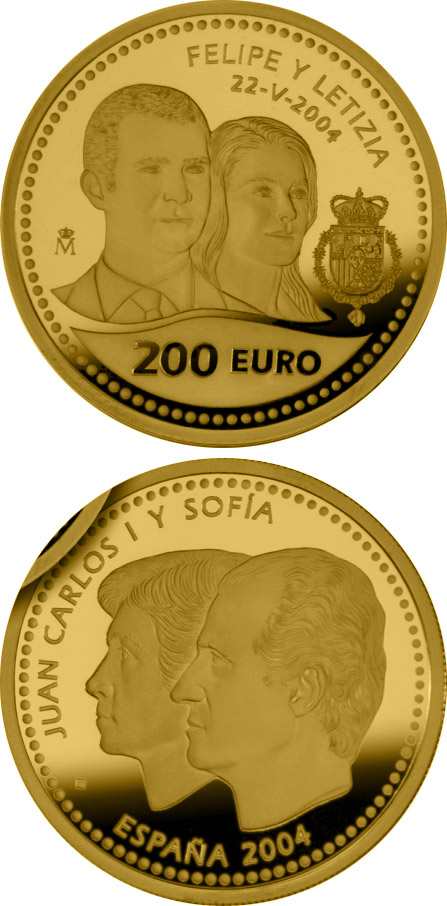 Image of 200 euro coin - Wedding of the Prince of Asturias | Spain 2004.  The Gold coin is of Proof quality.