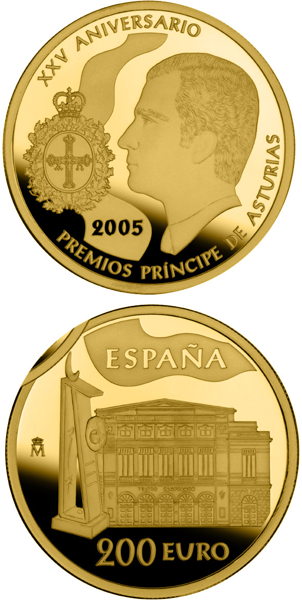 Image of 200 euro coin - 25th Anniversary of the Prince Asturias Awards | Spain 2005.  The Gold coin is of Proof quality.