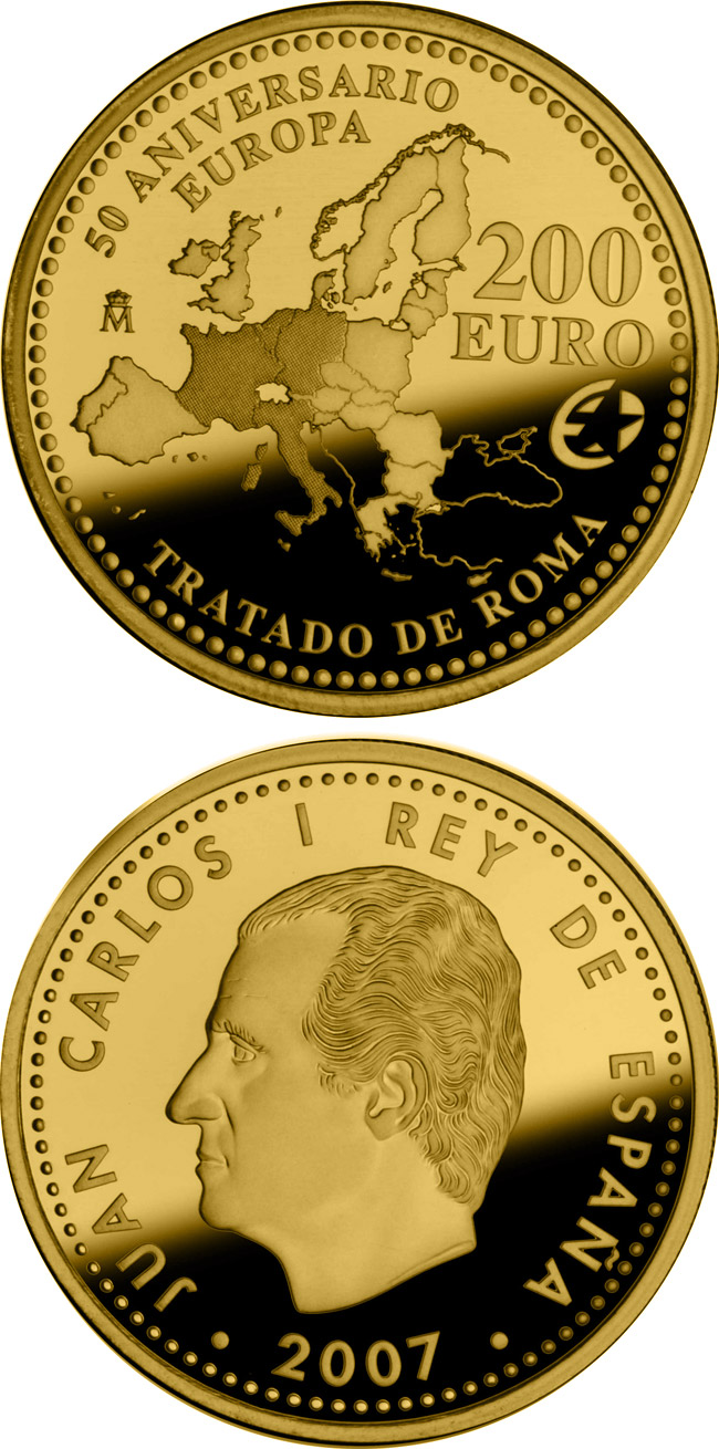 Image of 200 euro coin - The Europa Program – 50th Anniversary of the Treaty of Rome | Spain 2007.  The Gold coin is of Proof quality.
