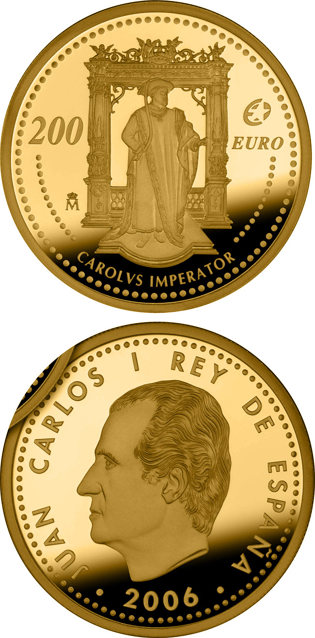 Image of 200 euro coin - The Europa Program – Charles V | Spain 2006.  The Gold coin is of Proof quality.