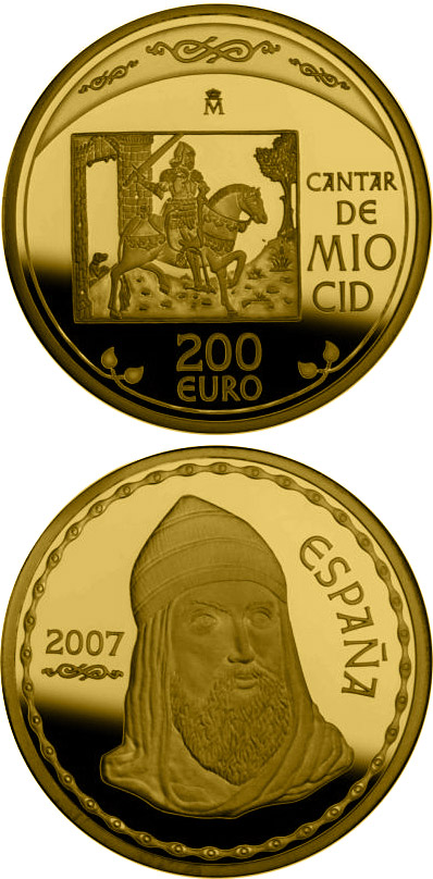 Image of 200 euro coin - The Song of My Cid | Spain 2007.  The Gold coin is of Proof quality.