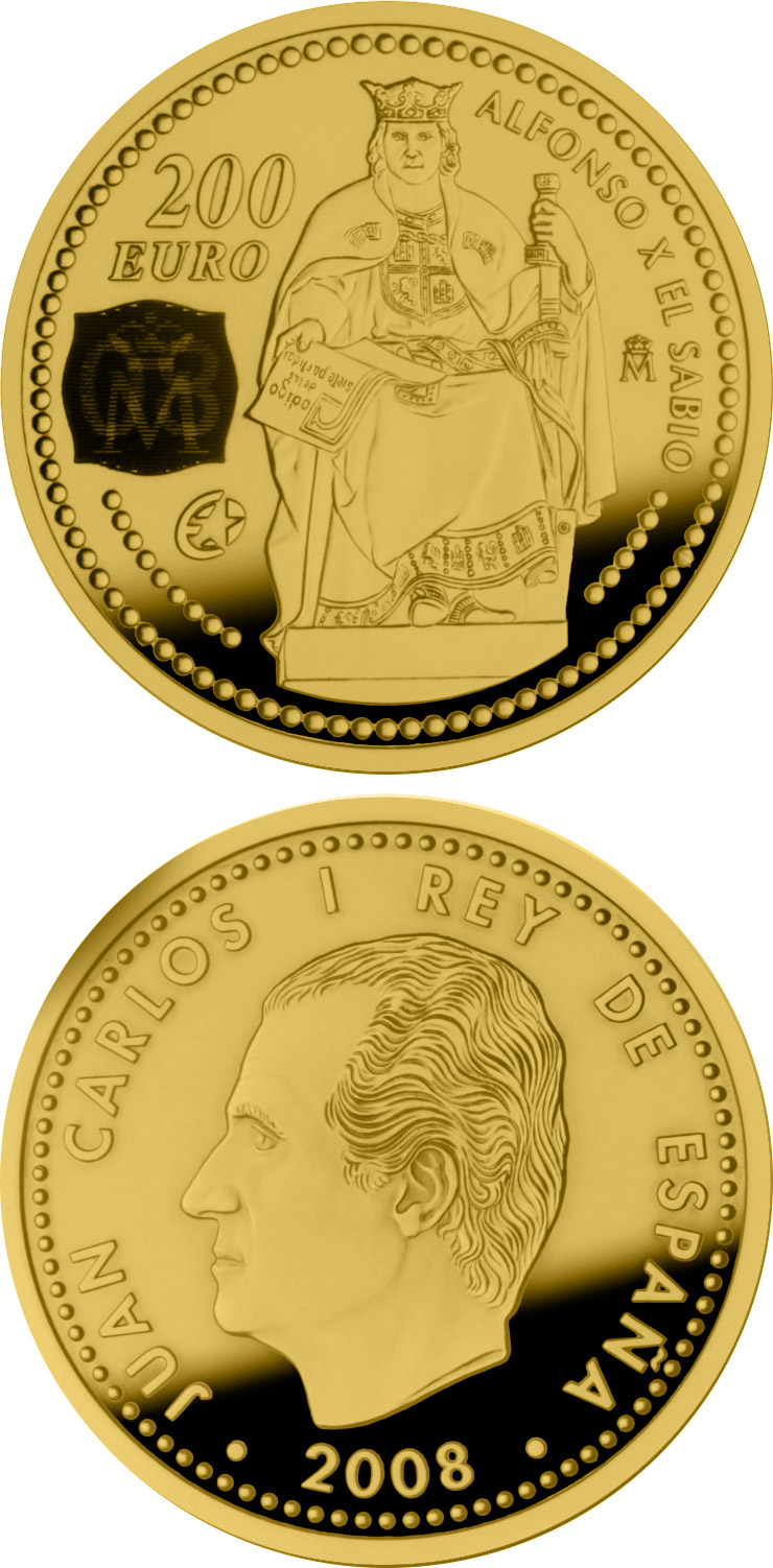 Image of 200 euro coin - Europa Program-Alphonse X the Wise | Spain 2008.  The Gold coin is of Proof quality.