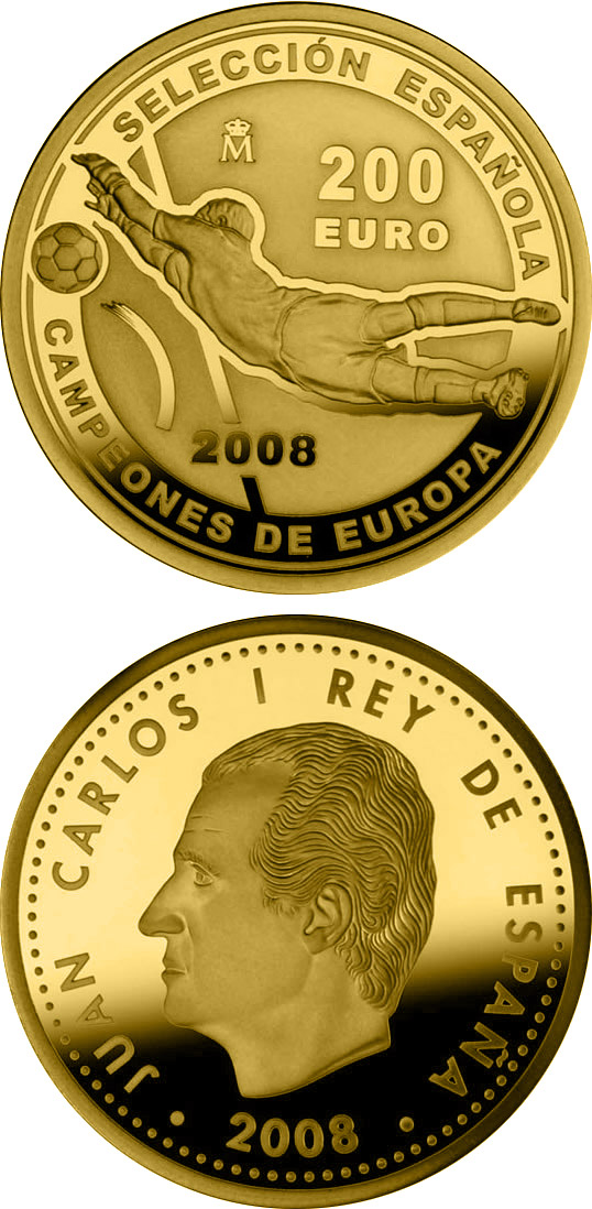 Image of 200 euro coin - European Champions 2008 | Spain 2008.  The Gold coin is of Proof quality.