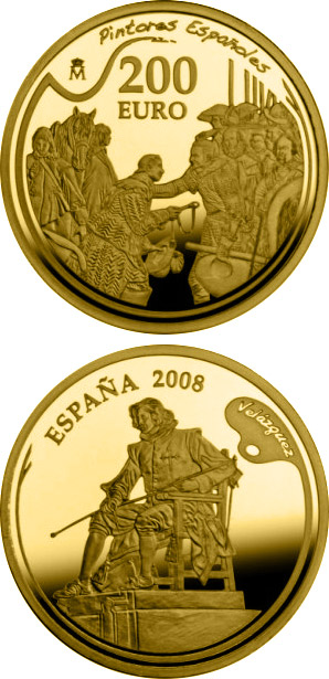 Image of 200 euro coin - Spanish Painters Series - Velázquez | Spain 2008.  The Gold coin is of Proof quality.