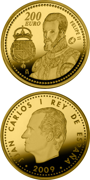 Image of 200 euro coin - The Europa Program - Felipe II | Spain 2009.  The Gold coin is of Proof quality.
