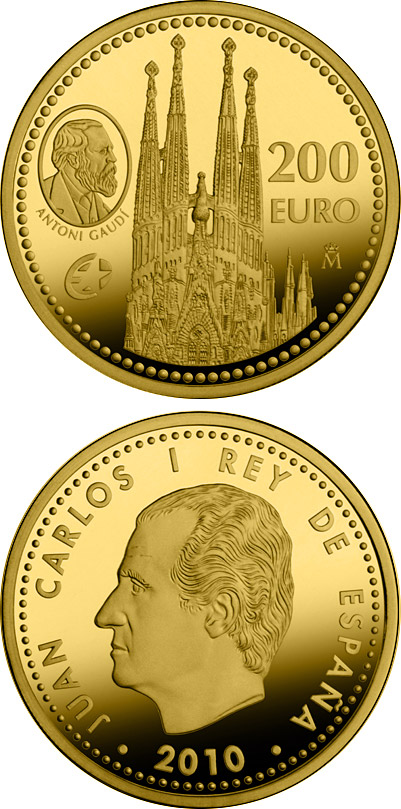 Image of 200 euro coin - Europa Program - Antoni Gaudí | Spain 2010.  The Gold coin is of Proof quality.