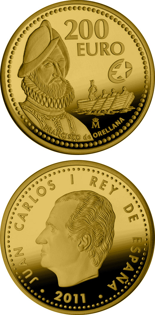 Image of 200 euro coin - Europa Program - Francisco de Orellana | Spain 2011.  The Gold coin is of Proof quality.