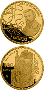 Image of 400 euro coin - 150. birthday of Antoni Gaudi - Casa Batllo  | Spain 2002.  The Gold coin is of Proof quality.