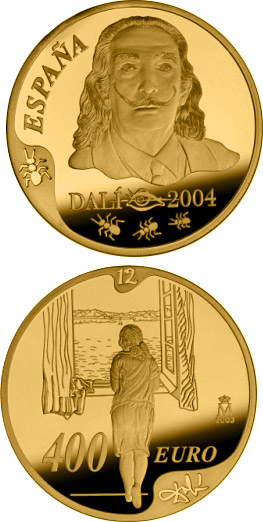Image of 400 euro coin - Centenary of the birth of Salvador Dalí | Spain 2004.  The Gold coin is of Proof quality.