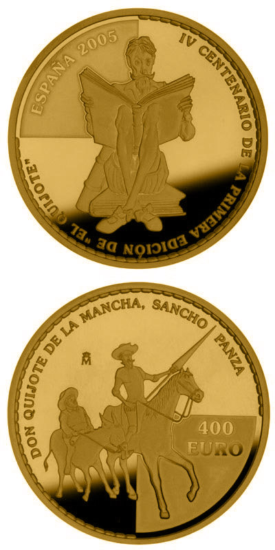 Image of 400 euro coin - 400th anniversary of the publication of Don Quixote | Spain 2005.  The Gold coin is of Proof quality.