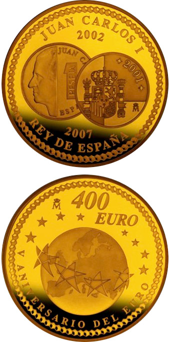 Image of 400 euro coin - 5th Anniversary of the Euro | Spain 2007.  The Gold coin is of Proof quality.