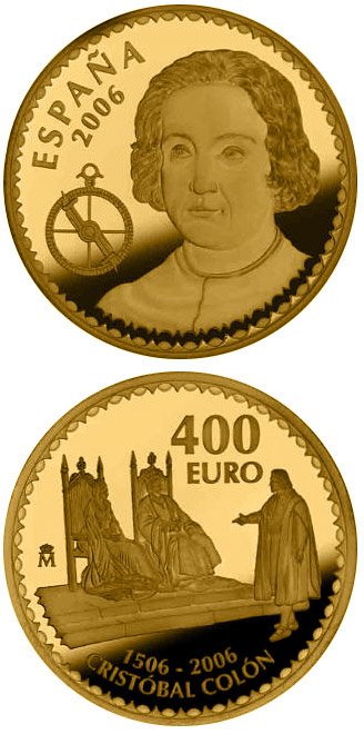 Image of 400 euro coin - 500th anniversary of the death of Christopher Columbus  | Spain 2006.  The Gold coin is of Proof quality.