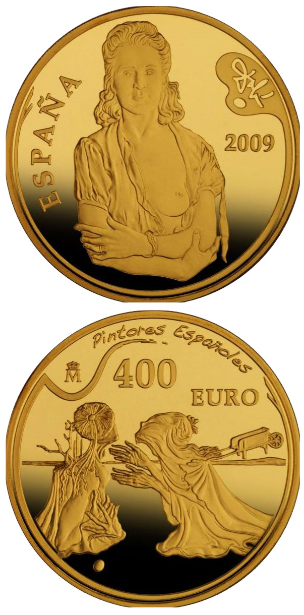 Image of 400 euro coin - 2nd Series Spanish Painters - Dalí | Spain 2009.  The Gold coin is of Proof quality.