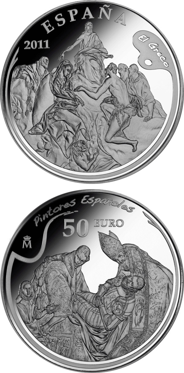 Image of 50 euro coin - 4th Series Spanish Painters - El Greco | Spain 2011.  The Silver coin is of Proof quality.