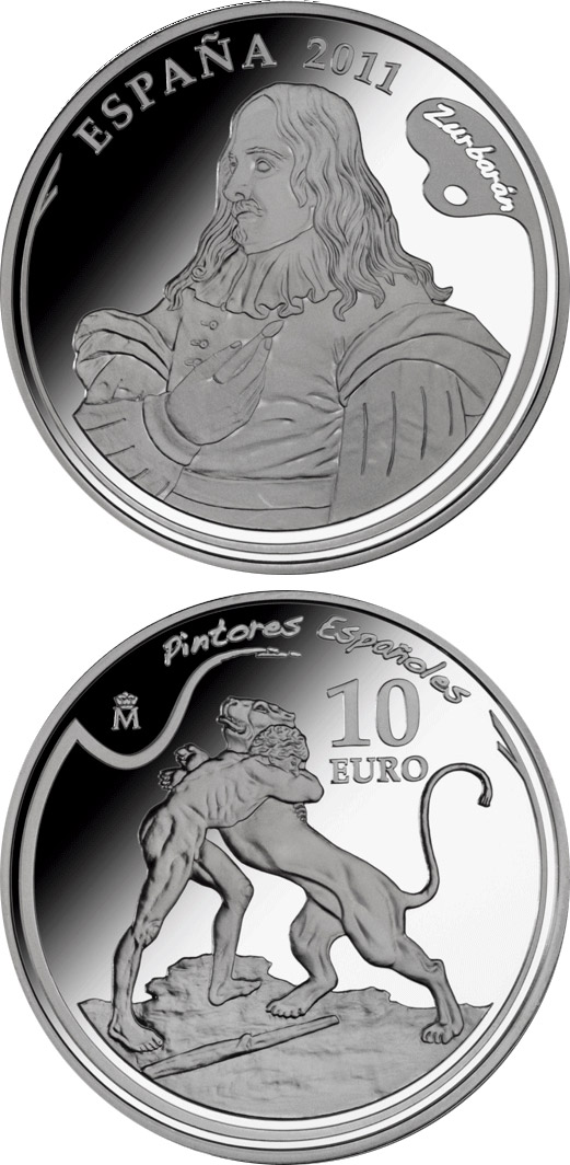 Image of 10 euro coin - 4th Series Spanish Painters - Zurbarán | Spain 2011.  The Silver coin is of Proof quality.