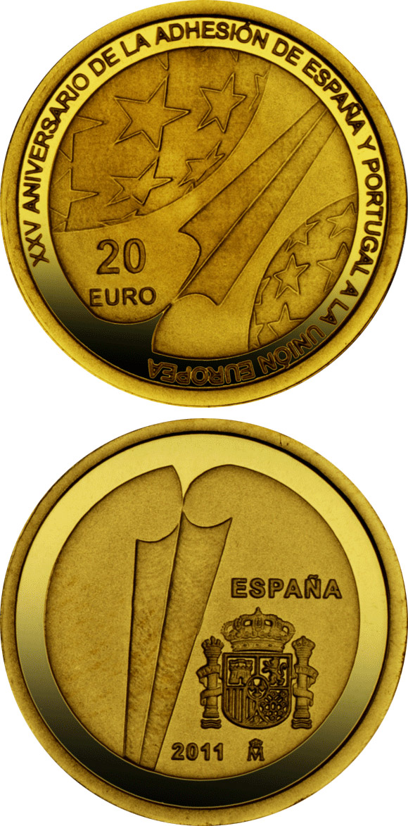 Image of 20 euro coin - 25th Anniversary of the Accession of Spain and Portugal to the EU  | Spain 2011.  The Gold coin is of Proof quality.