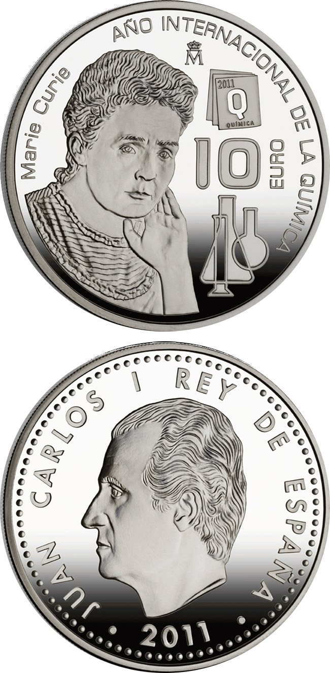 Image of 10 euro coin - International Year of Chemistry - Marie Curie | Spain 2011.  The Silver coin is of Proof quality.