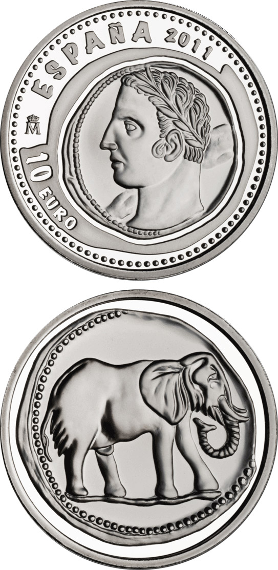 Image of 10 euro coin - 3rd Series Numismatic Treasures – Hispanic-Carthaginian 1.5 shekel coin | Spain 2011.  The Silver coin is of Proof quality.