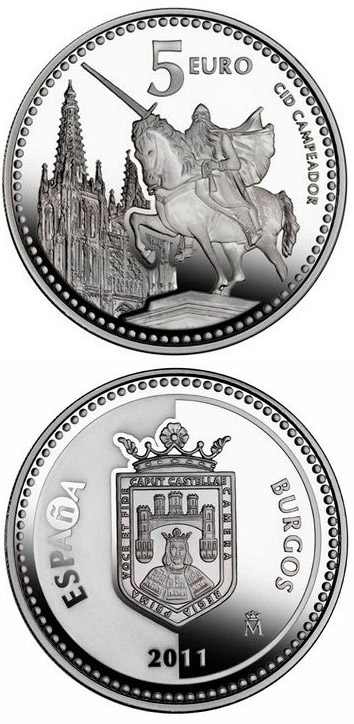 Image of 5 euro coin - Burgos | Spain 2011.  The Silver coin is of Proof quality.