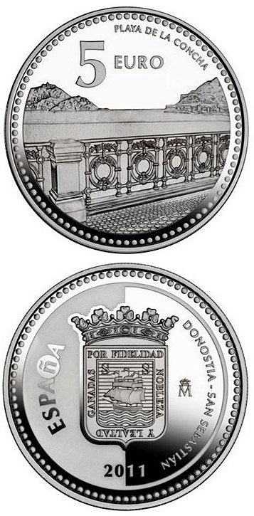 Image of 5 euro coin - Donostia-San Sebastián | Spain 2011.  The Silver coin is of Proof quality.