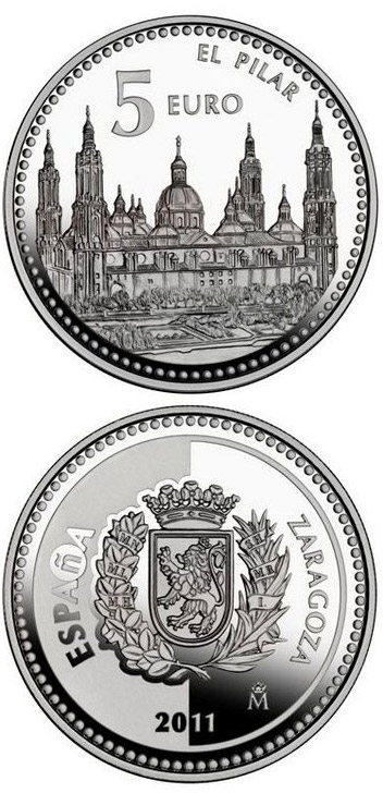 Image of 5 euro coin - Zaragoza | Spain 2011.  The Silver coin is of Proof quality.
