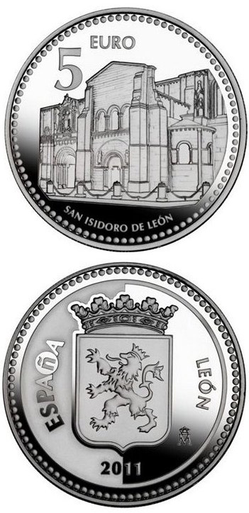 Image of 5 euro coin - León | Spain 2011.  The Silver coin is of Proof quality.