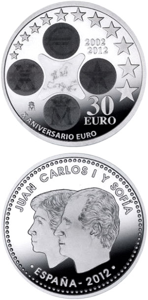 Image of 30 euro coin - 10th Anniversary of the Euro | Spain 2012.  The Silver coin is of BU, UNC quality.