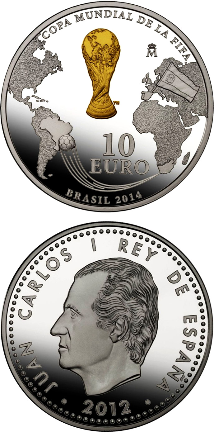 Image of 10 euro coin - FIFA - Transfer coin - South Africa to Brasil | Spain 2012.  The Silver coin is of Proof quality.