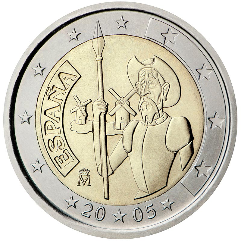 Image of 2 euro coin - 4th centenary of the first edition of Miguel de Cervantes’ The ingenious gentleman Don Quixote of La Mancha | Spain 2005
